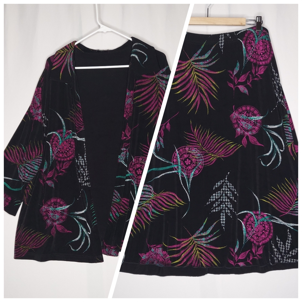 Vikki Vi Cardigan Skirt Set 1X‎ 90s Vtg Slinky Stretch Multicolor Floral Midi